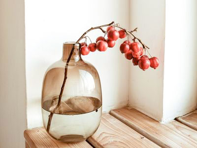 En genomskinlig vas med en kvist med röda bär på en träbänk. Njut av ditt hem med hemstädning Stockholm.